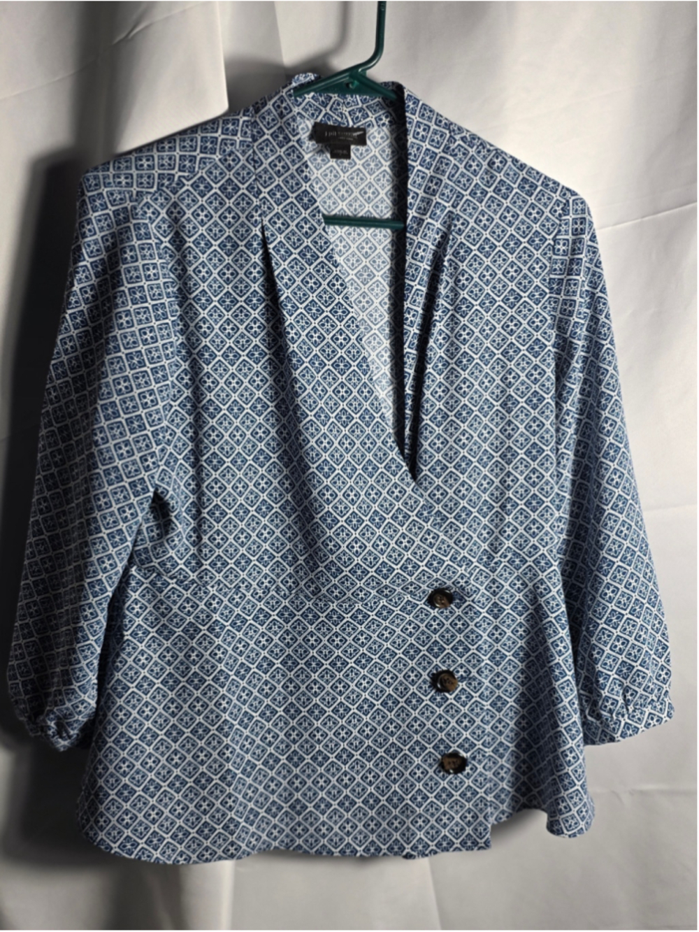 Women's J.Jill Blue & White Geometric Print Blazer Jacket, S boho-chic office